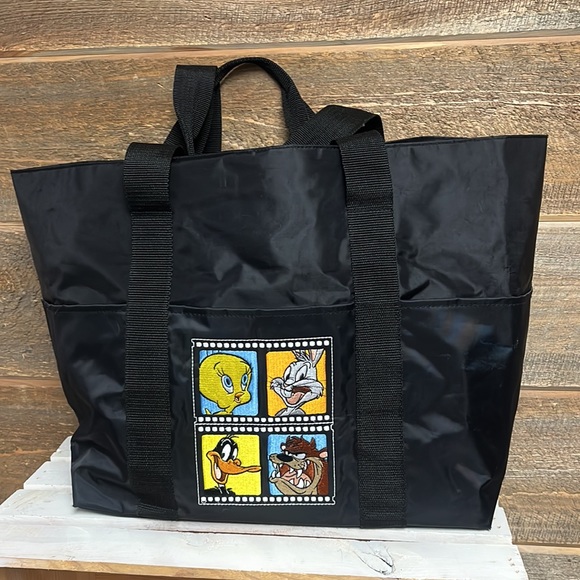 Vintage 90’s Y2k Looney Tunes Embroidered Black Tote Bag Tweety Bugs - Picture 1 of 12